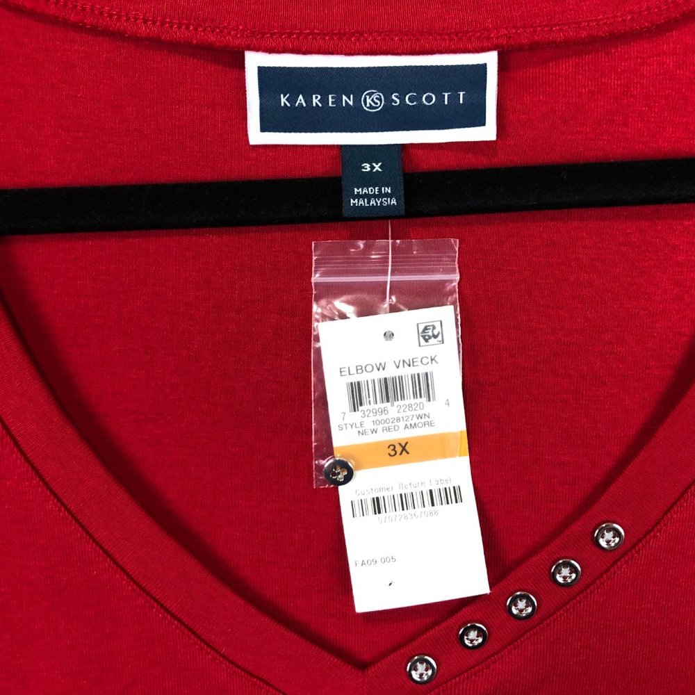 Karen Scott Top Size 0X Women Elbow Short Sleeve V Neck Solid Red Button Accent - Picture 3 of 10